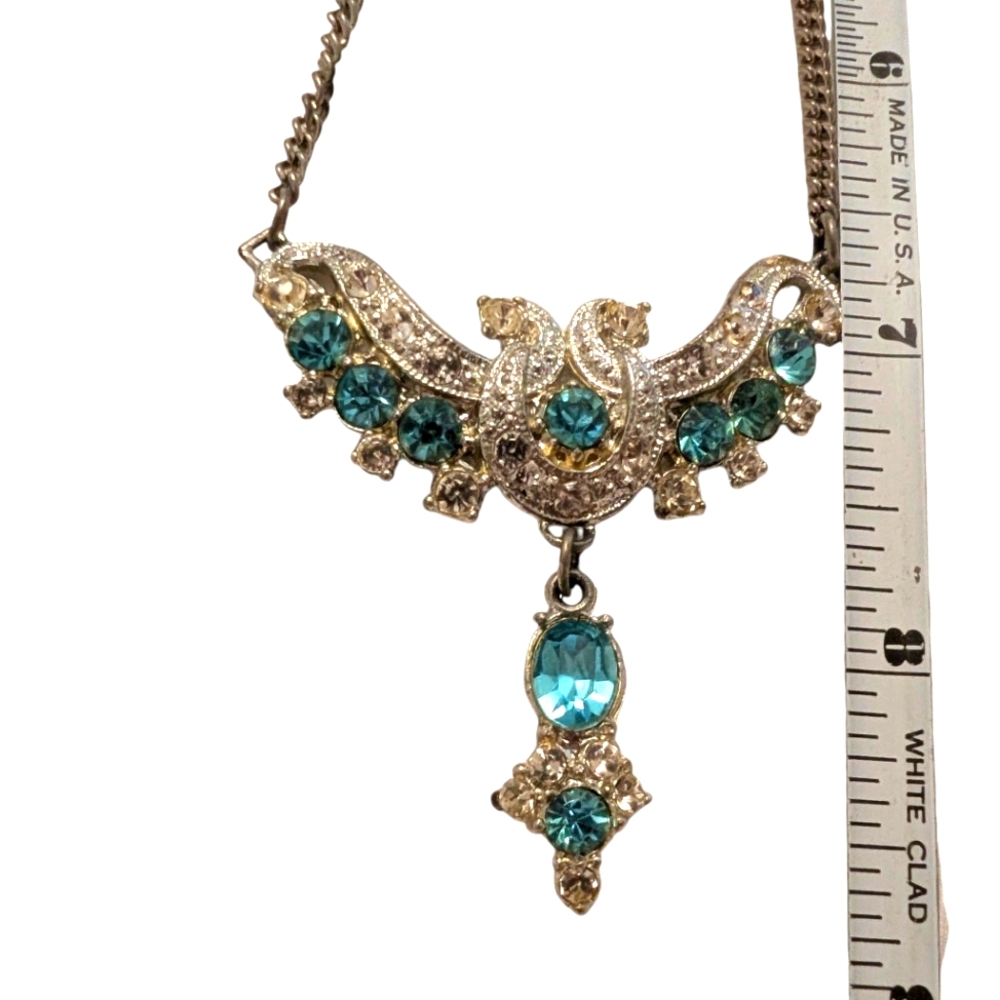 VINTAGE 1940 Silver Necklace Blue Clear Rhinestones Choker - Picture 6 of 12